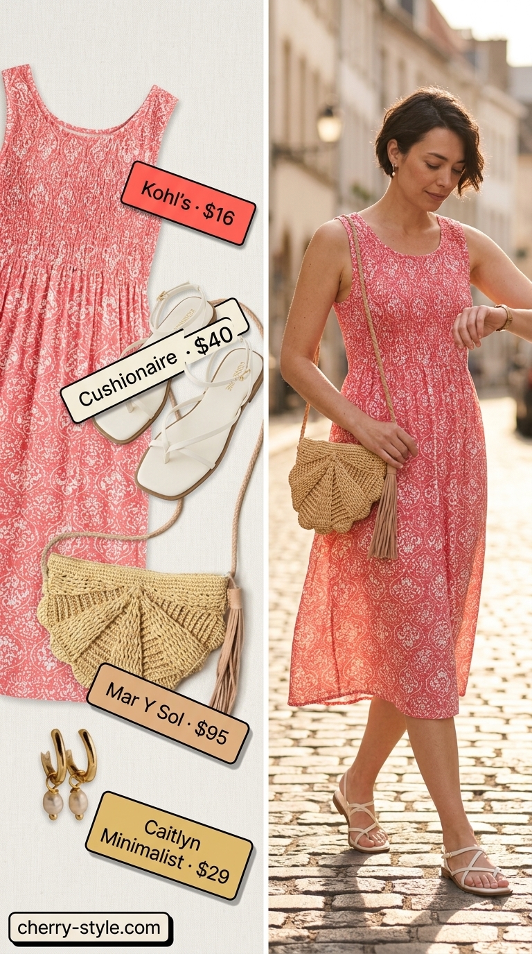 Easy comfy summer outfits for women 2026: Coral midi dress, cream sandals, and woven bag for a cheerful brunch.