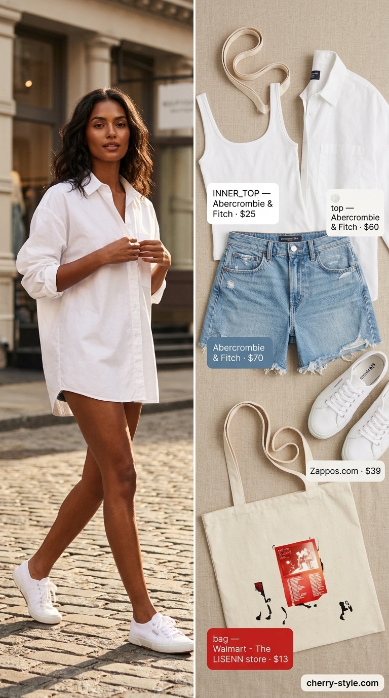 Easy comfy summer outfits for women 2026: Denim shorts, white oversized shirt, white tank, and canvas sneakers for weekend shopping.