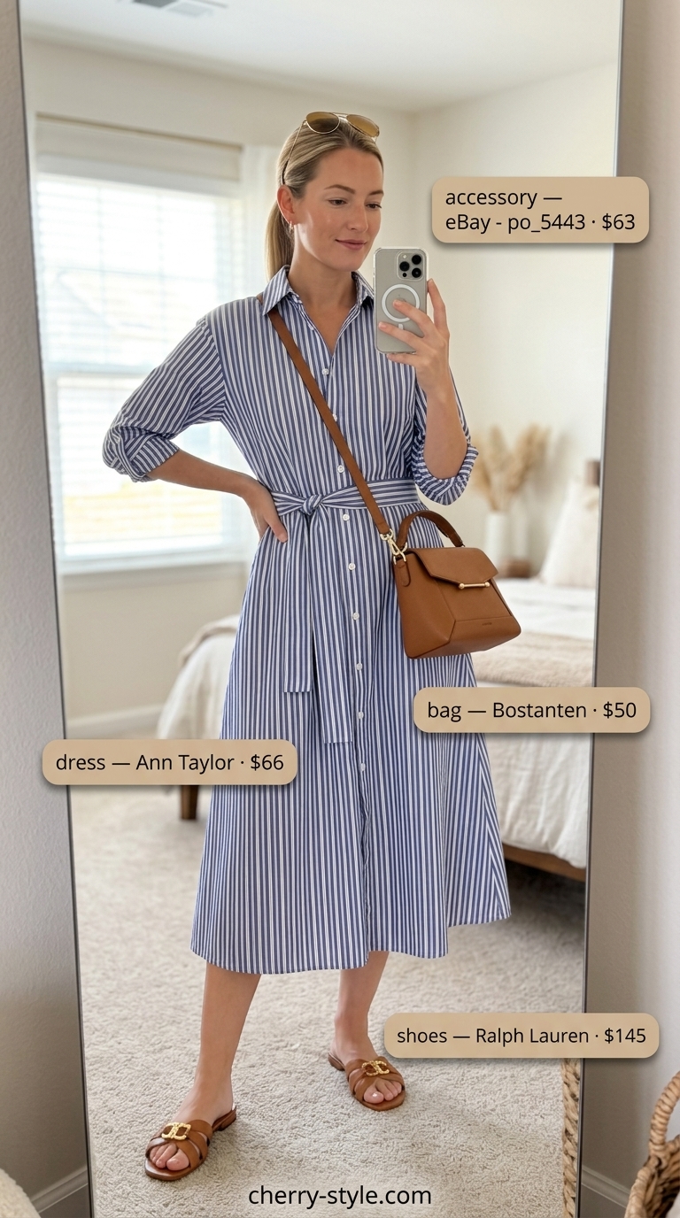Striped midi shirt dress for easy comfy summer outfits 2026. Polished city look with tan slides and crossbody bag.