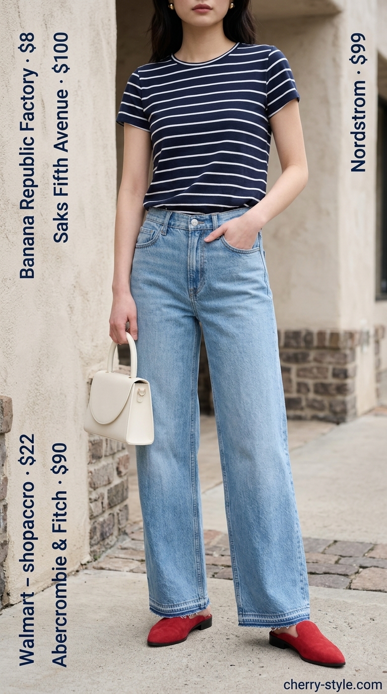 Striped knit top & wide leg jeans for easy comfy summer outfits 2026. Polished casual look with red mules.