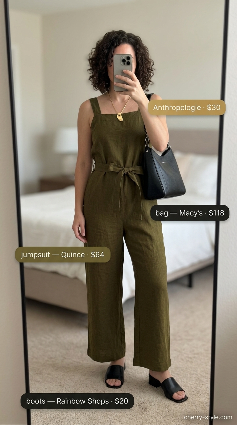 Olive green wide-leg jumpsuit for easy comfy summer outfits 2026. Elegant garden party look with gold jewelry and black heels.
