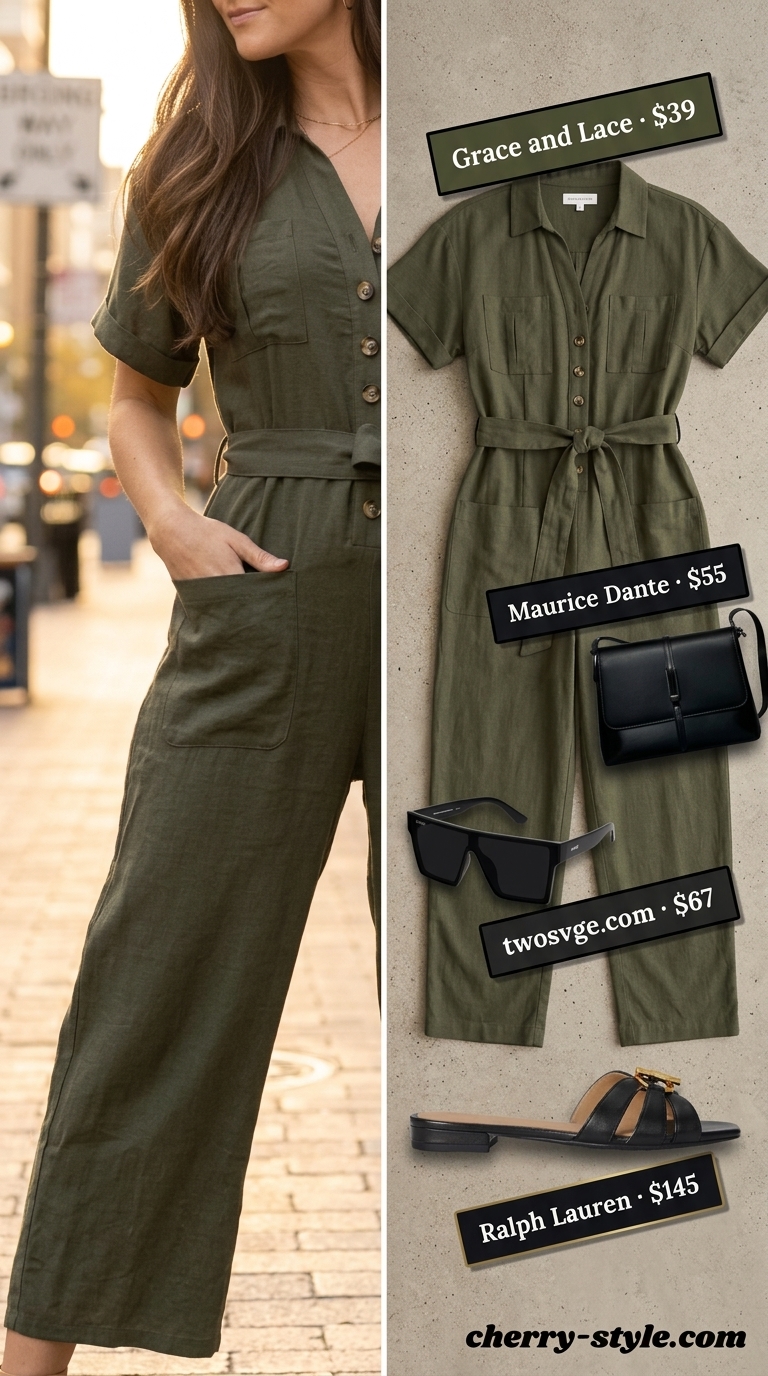 Easy comfy summer outfits for women 2026: Khaki utility jumpsuit, black sandals, and sunglasses for city exploration.