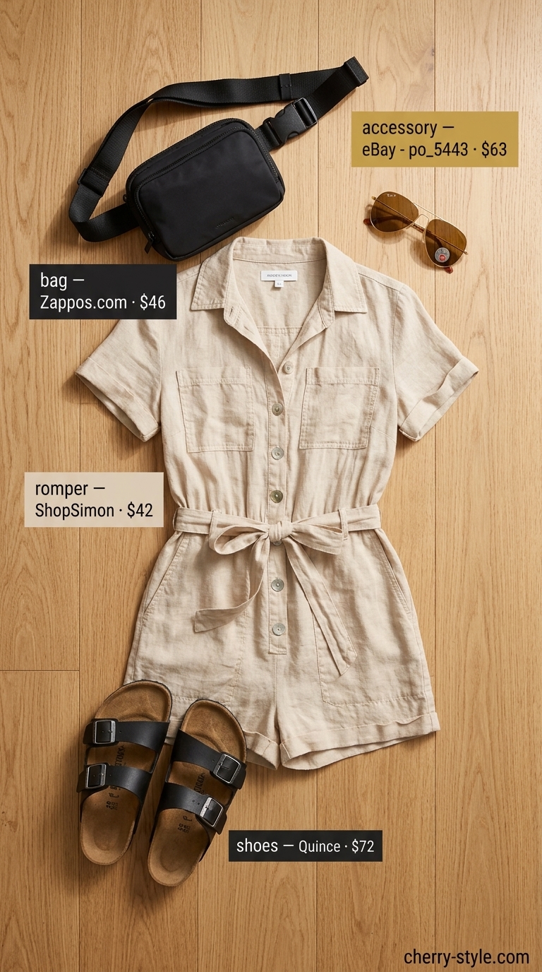 Easy comfy summer outfits for women 2026: Khaki utility romper, black slides, and belt bag for a chic safari day.