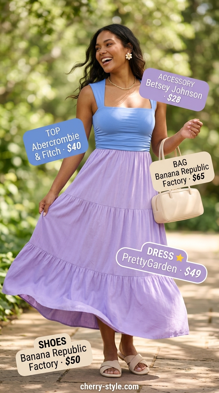 Easy comfy summer outfits for women 2026: Lavender tiered maxi dress, nude sandals, and top-handle bag for a garden party.