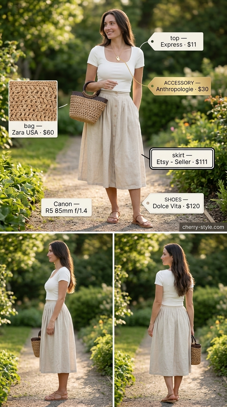 Easy comfy summer outfits for women 2026: Lavender midi skirt, ivory crop top, tan sandals for a romantic picnic.