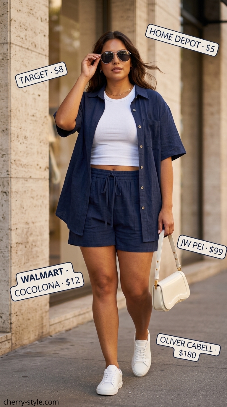 Easy comfy summer outfits for women 2026: Navy linen co-ord set, white tank, and sneakers for city wandering.