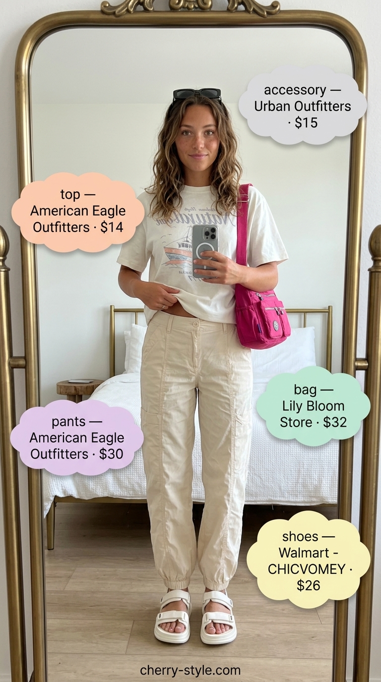 Sand beige cargo pants & graphic tee for easy comfy summer outfits 2026. Utilitarian park picnic look with pink bag.