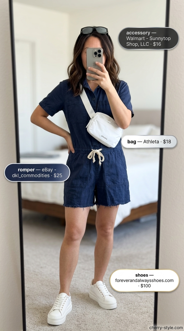 Navy utility romper for easy comfy summer outfits 2026. Adventurous beach look with white sneakers and belt bag.