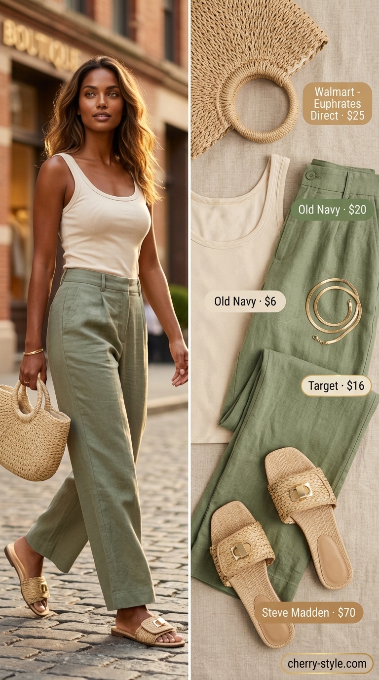Easy comfy summer outfits for women 2026: Sage green linen pants, cream tank, and tan slides for coastal beach day.