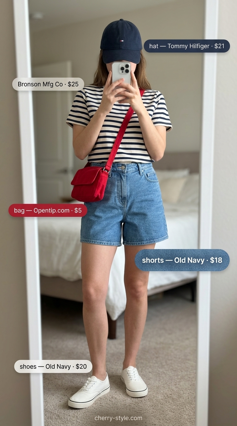 White Breton stripe tee & denim shorts for easy comfy summer outfits 2026. Casual lakeside look with red crossbody bag.