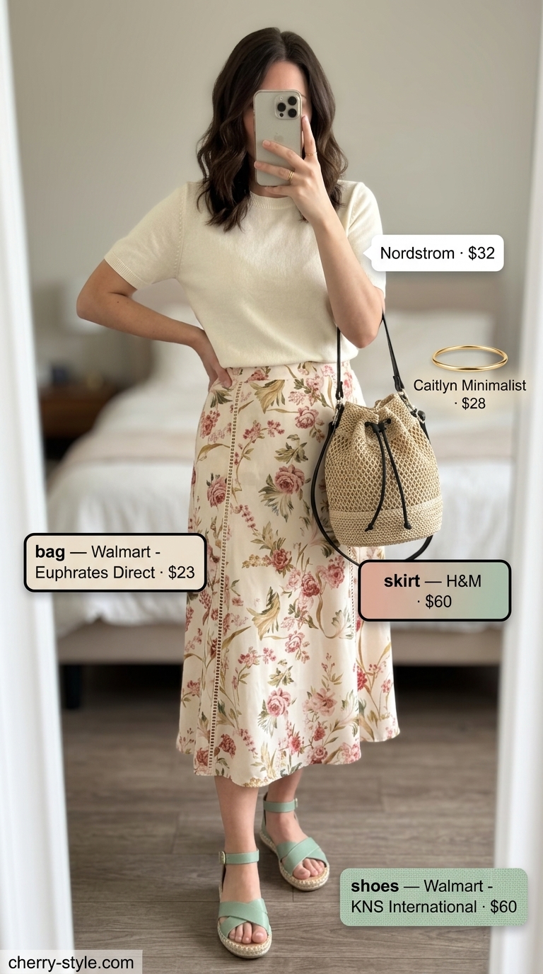 Floral midi skirt & cream top for easy comfy summer outfits 2026. Whimsical farmers market look with raffia bag.