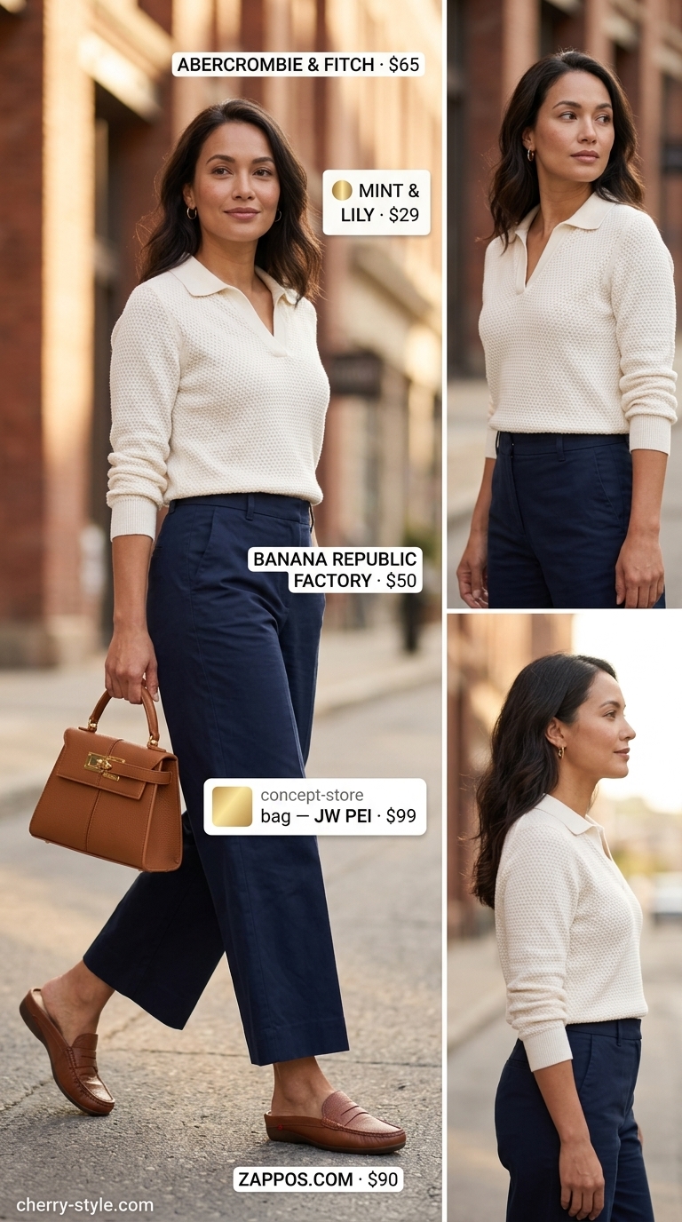Easy comfy summer outfits for women 2026: Navy cropped trousers, white knit polo, and cognac loafers for smart casual office.