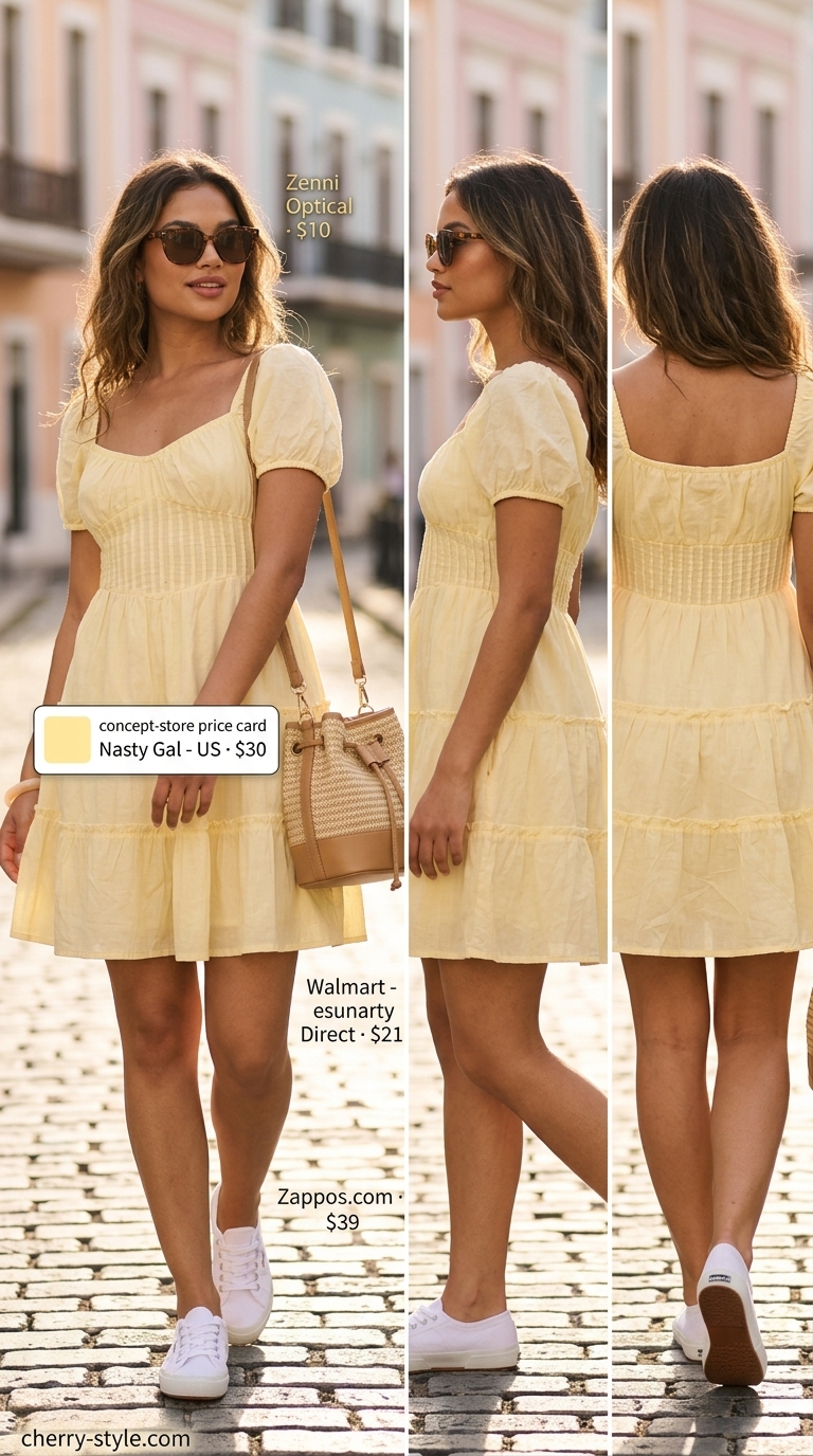 Easy comfy summer outfits for women 2026: Sunny yellow smocked mini dress with white sneakers and straw bag for a day out.