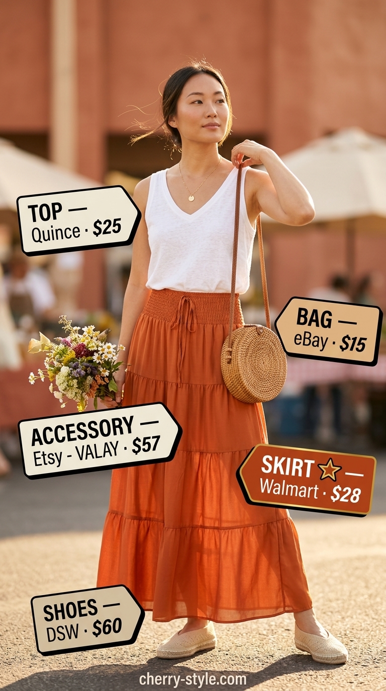 Easy comfy summer outfits for women 2026: Terracotta maxi skirt, cream tank, and espadrilles for a bohemian beach stroll.