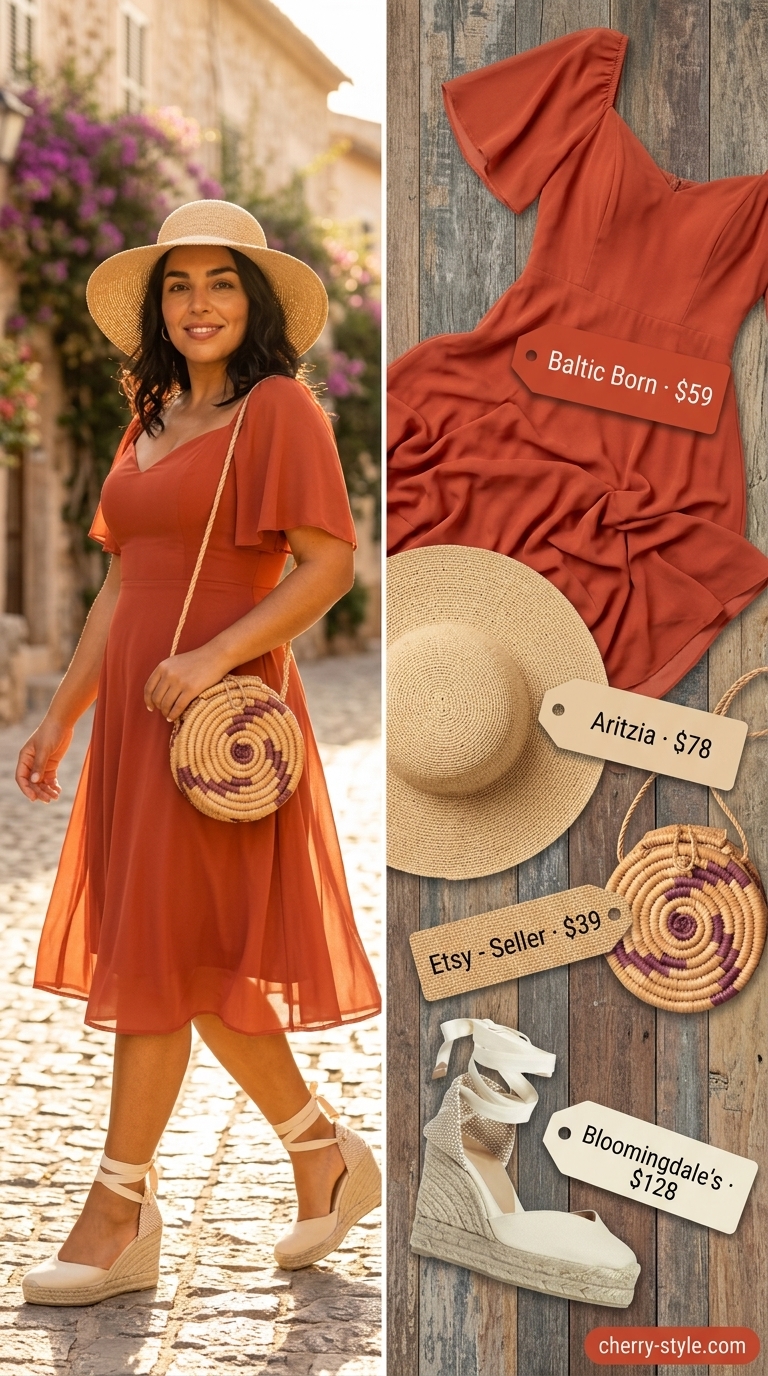 Easy comfy summer outfits for women 2026: Terracotta midi dress, espadrilles, and straw hat for a summer gathering.