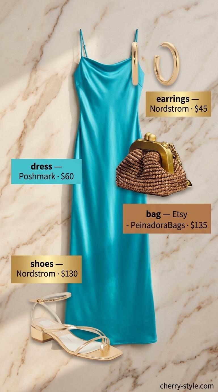 Easy comfy summer outfits for women 2026: Turquoise satin maxi dress with gold sandals and clutch for a resort evening.