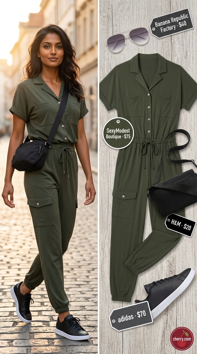 Easy comfy summer outfit for women 2026: Olive green utility jumpsuit, black sneakers, and crossbody bag for city exploration.