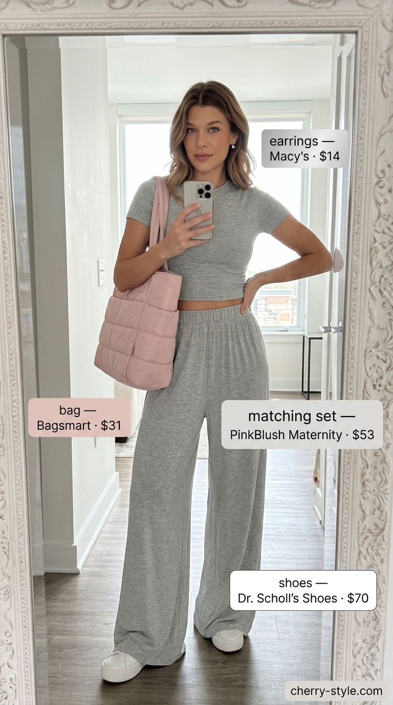 Easy comfy summer outfits for women 2026: Grey knit matching set with white sneakers and blush tote for weekend travel.