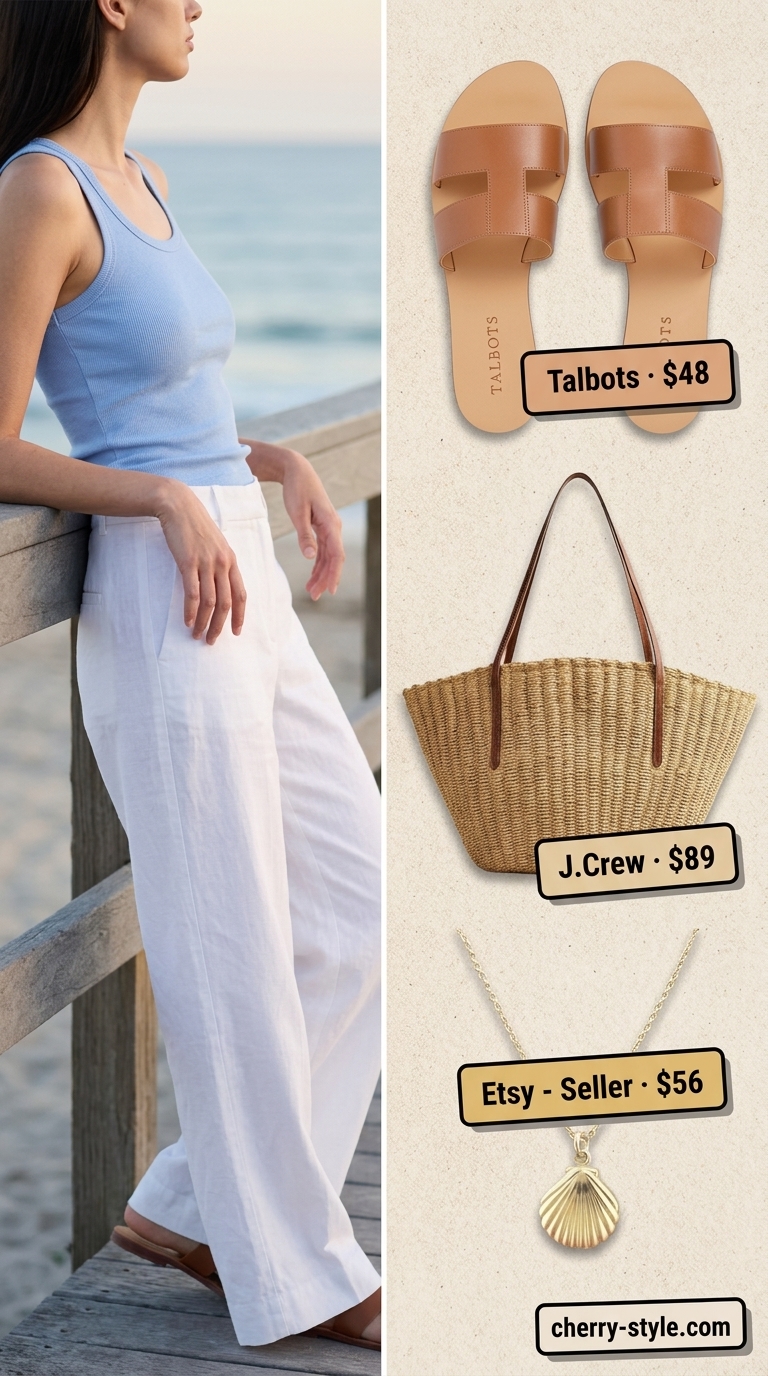 Easy comfy summer outfits for women 2026: White linen pants, sky blue tank, and leather sandals for coastal comfort.