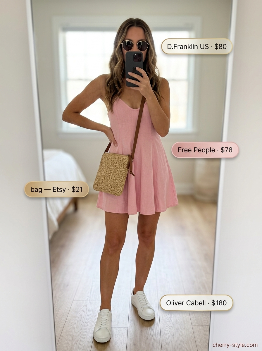 Effortless Summer Outfits 2026: Blush Linen Sundress Effortless summer outfits for women over 30 2026: Blush pink linen sundress, white sneakers, gold sunglasses, crossbody bag.