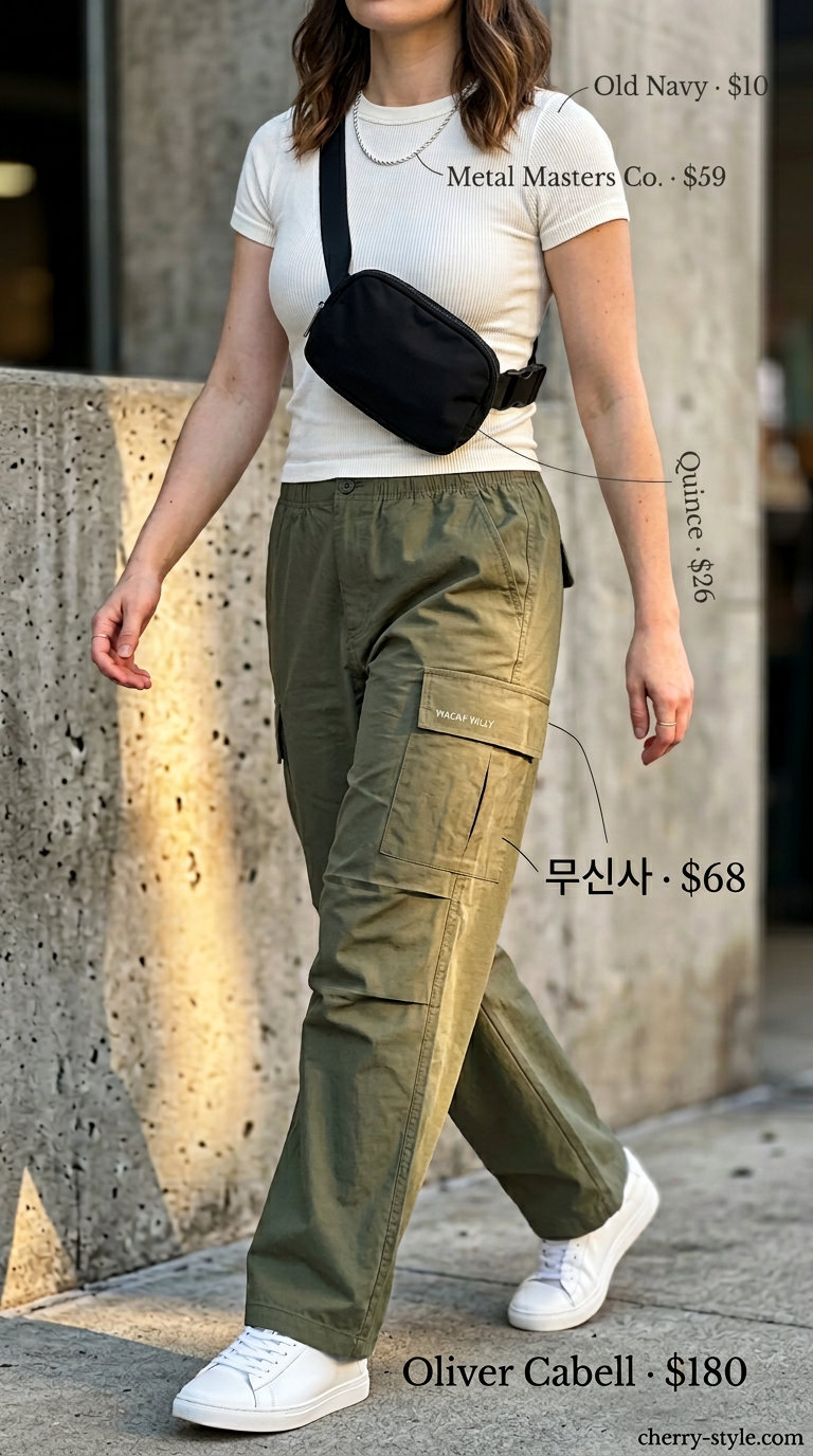 Effortless Summer Outfits for Women Over 30 2026: Cargo Pants Style Effortless summer outfits for women over 30 2026: Olive cargo pants, white tee, sneakers, and black belt bag for a casual day out.