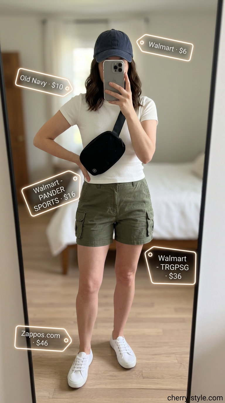 Weekend Cargo Shorts 2026: Casual Summer Cool Effortless summer outfits for women over 30 2026: Olive cargo shorts, white tee, black belt bag, sneakers.