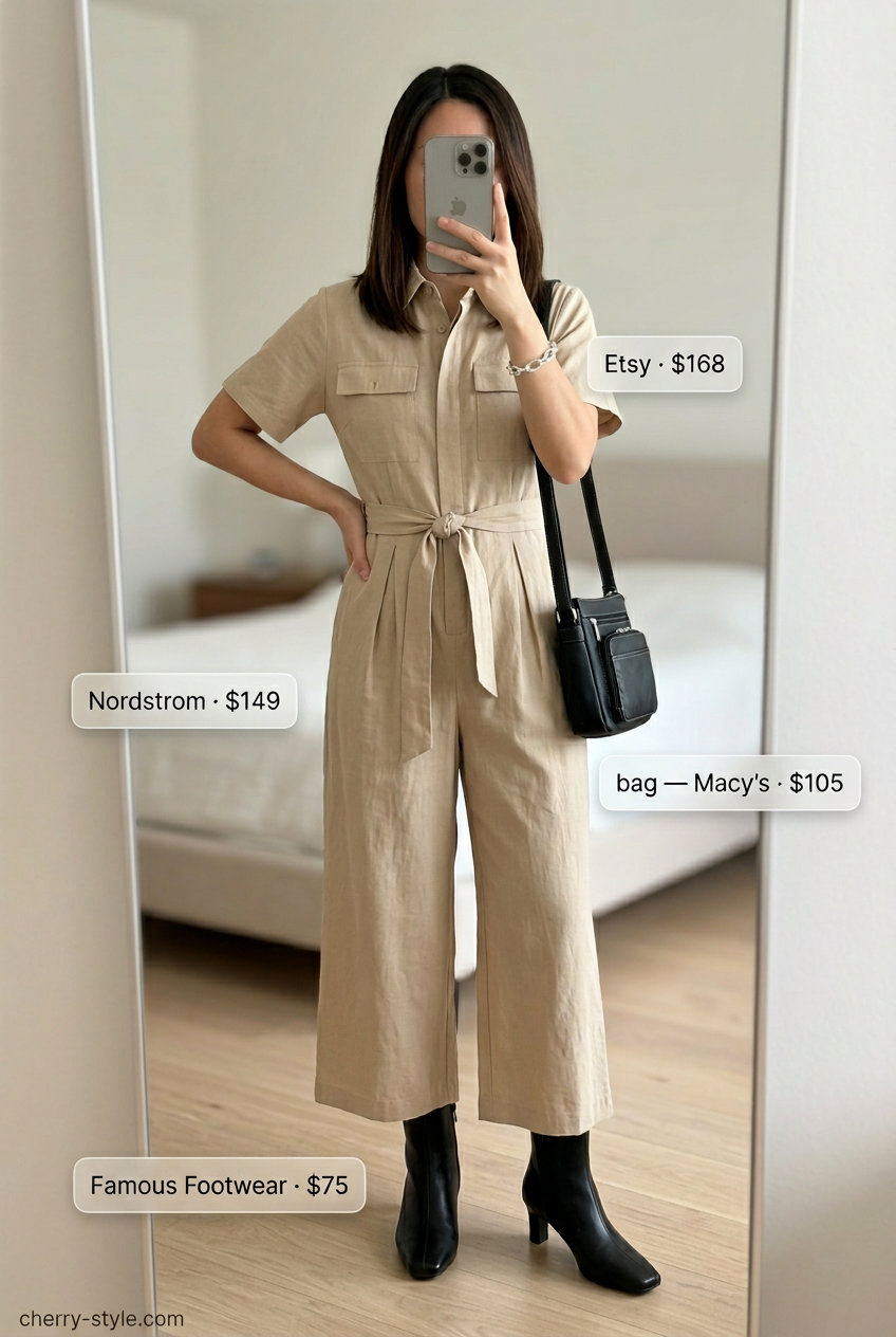 Effortless Summer Outfits 2026: Chic Utility Jumpsuit Effortless summer outfits for women over 30 2026: Chic khaki utility jumpsuit, black crossbody bag, silver bracelet, heeled boots.