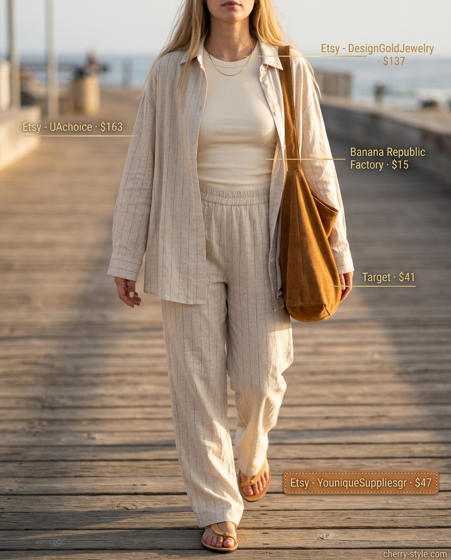 Effortless Summer Outfits 2026: Coastal Linen Set Effortless summer outfits for women over 30 2026: Cream linen set, beige shirt, ivory tank, gold necklaces, tan slides.