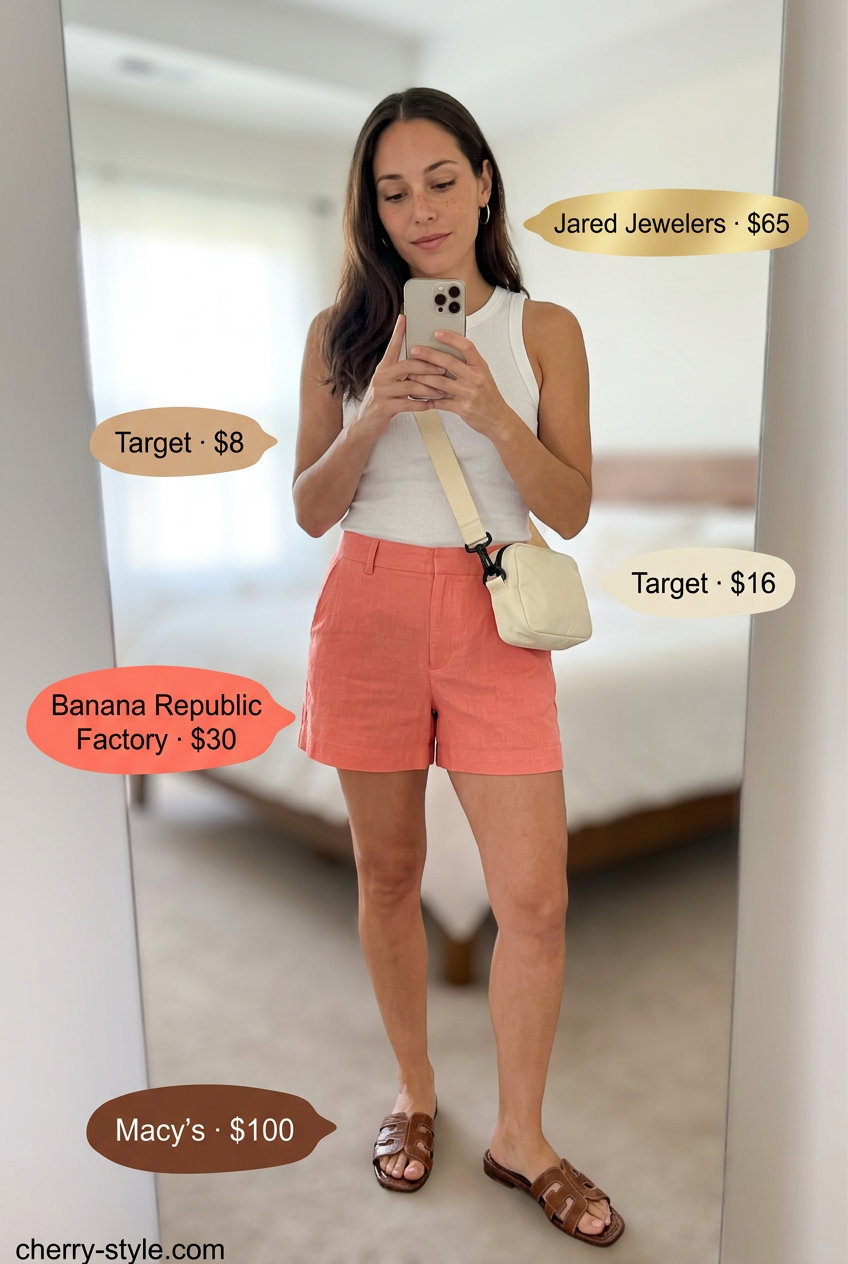 Effortless Summer Outfits for Women Over 30 2026: Linen Shorts Set Effortless summer outfits for women over 30 2026: Coral linen shorts, white ribbed tank, tan slides, and gold hoops for a bright day.