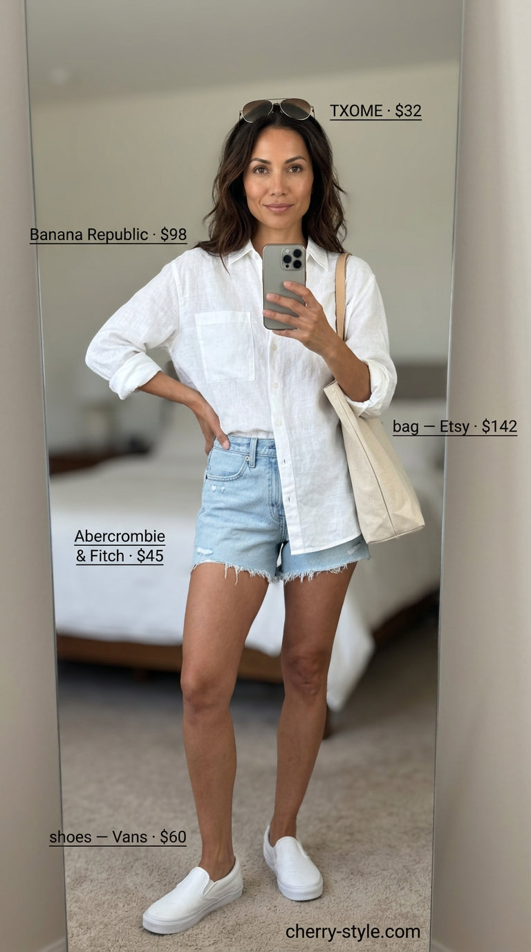 Relaxed Denim Shorts 2026: Laid-back Summer Style Effortless summer outfits for women over 30 2026: Light wash denim shorts, oversized linen shirt, sneakers.