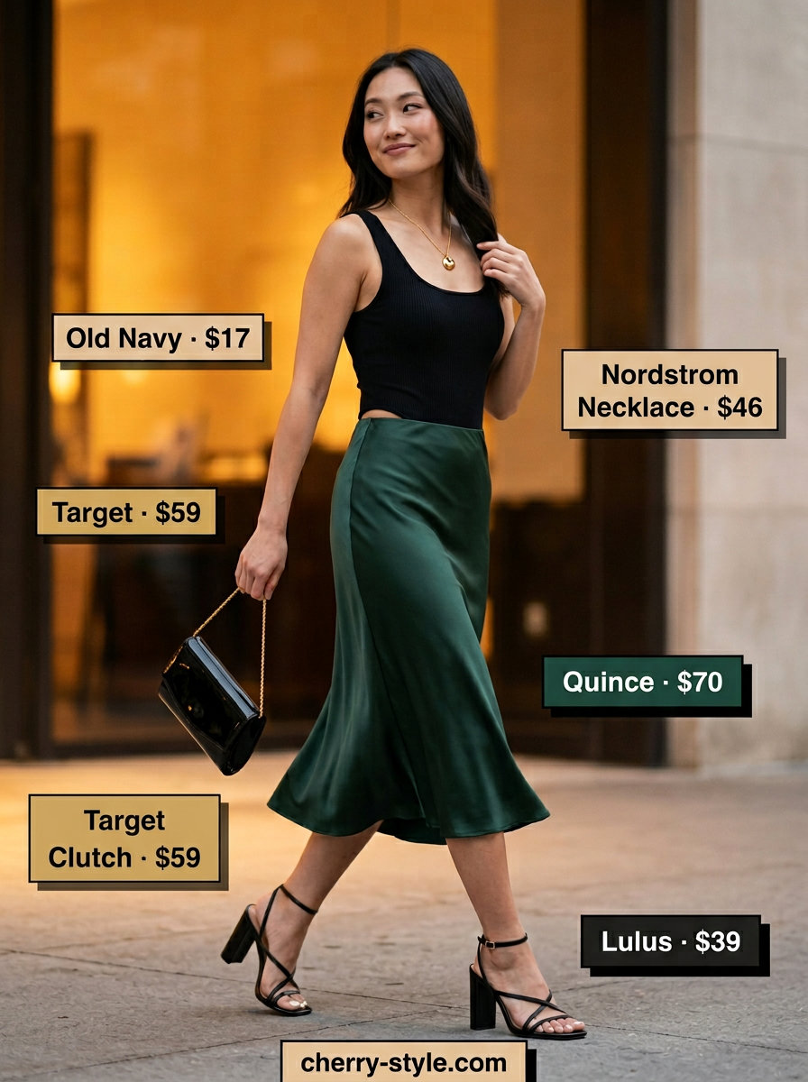 Effortless Summer Outfits for Women Over 30 2026: Chic Slip Skirt Effortless summer outfits for women over 30 2026: Emerald slip skirt, black bodysuit, black heels, and gold necklace for evening.