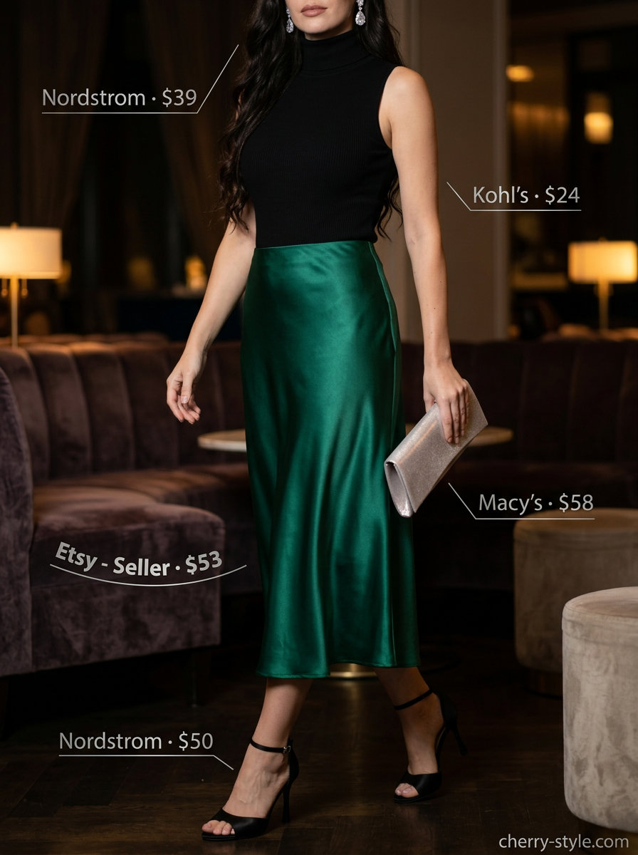 Effortless Summer Outfits 2026: Emerald Slip Skirt Effortless summer outfits for women over 30 2026: Emerald green slip skirt, black bodysuit, silver heels, metallic clutch.