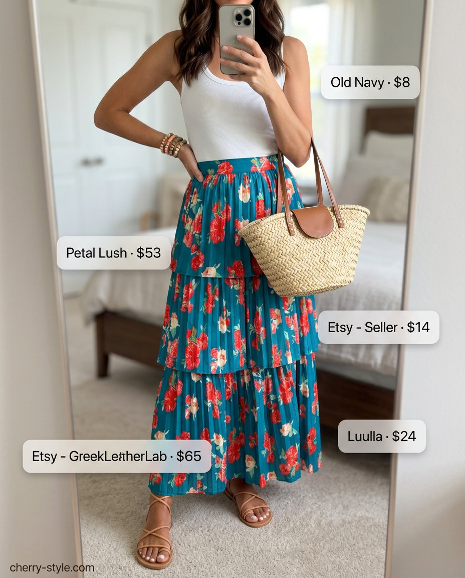 Effortless Summer Outfits 2026: Floral Maxi Skirt Effortless summer outfits for women over 30 2026: Floral maxi skirt, white tank, straw tote, beaded bracelets, leather sandals.