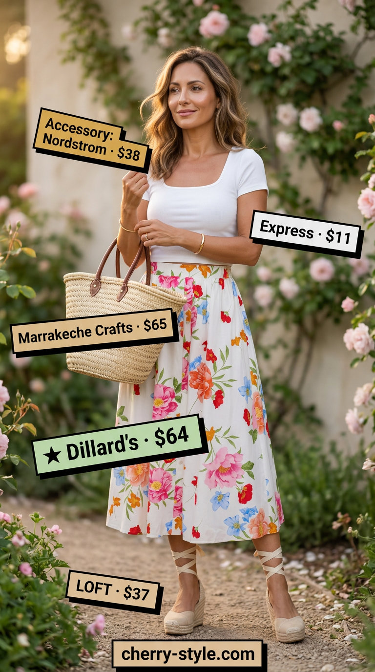 Summer Midi Flair 2026: Feminine Garden Party Effortless summer outfits for women over 30 2026: Floral midi skirt, white crop top, straw tote, espadrilles.