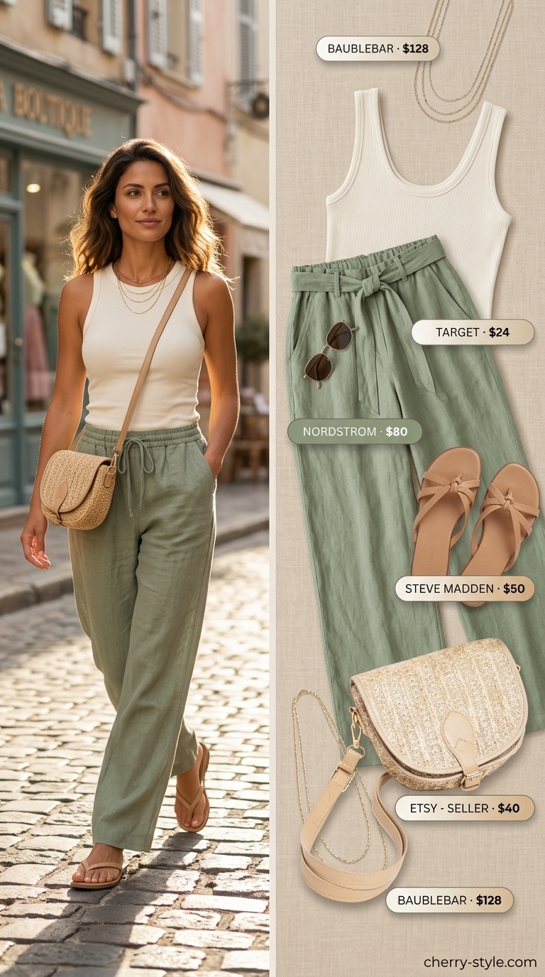 Effortless Summer Outfits 2026: Linen Wide-Leg Pants Effortless summer outfits for women over 30 2026: Sage green linen pants, cream tank, gold necklaces, straw bag, flat sandals.