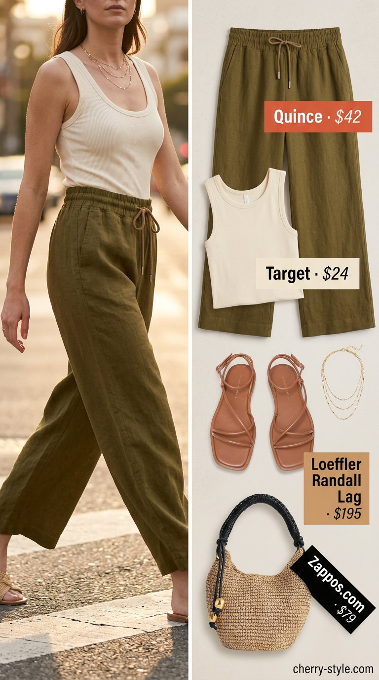 Effortless Summer Outfits for Women Over 30 2026: Linen Pants Style Effortless summer outfits for women over 30 2026: Sage linen pants, cream tank, tan sandals, layered gold necklaces, and straw bag.