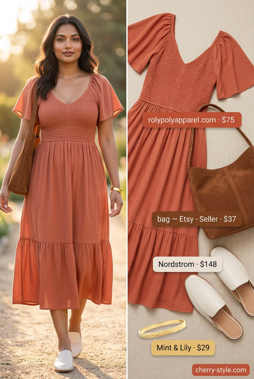 Terracotta Tiered Midi 2026: Bohemian Summer Dress Effortless summer outfits for women over 30 2026: Terracotta tiered midi dress, leather mules, suede bag.