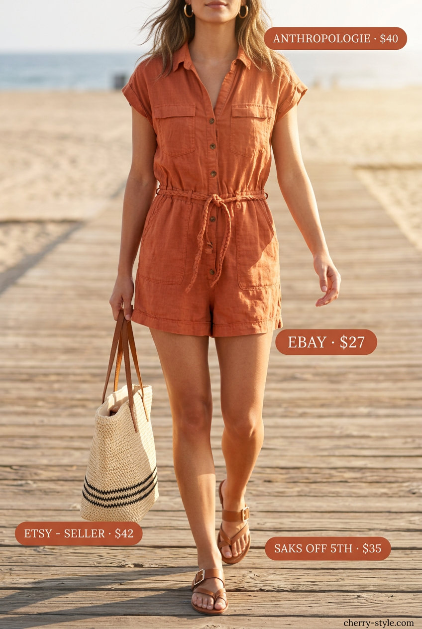 Effortless Summer Outfits for Women Over 30 2026: Linen Romper Effortless summer outfits for women over 30 2026: Terracotta linen romper, tan sandals, gold hoops, and straw tote for a casual day.