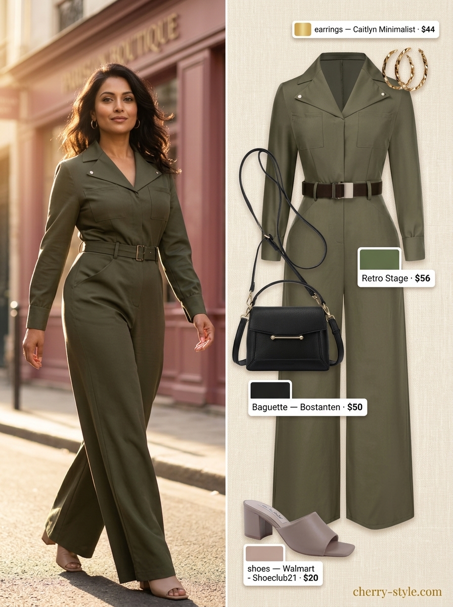 Chic Utility Jumpsuit 2026: Effortless Summer Style Effortless summer outfits for women over 30 2026: Olive green utility jumpsuit, beige mules, gold earrings.