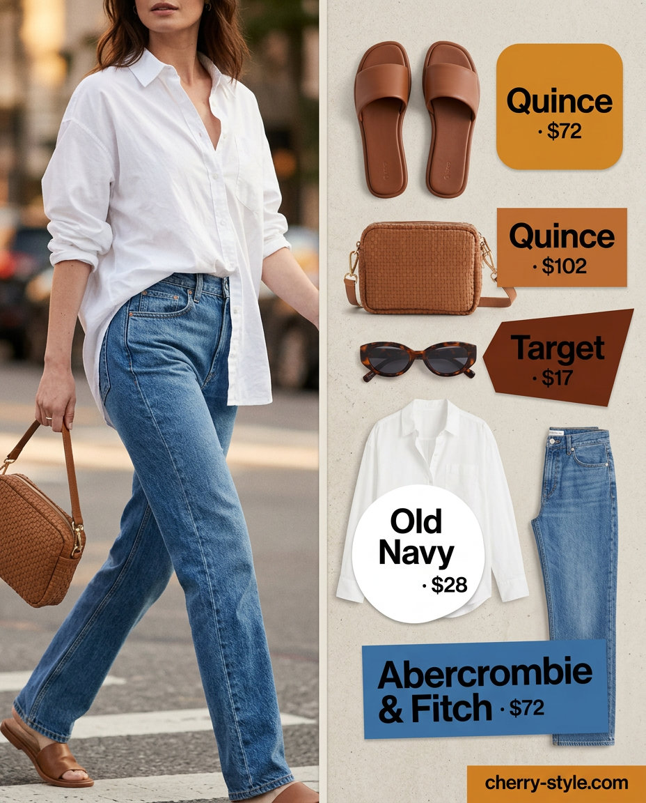 Effortless Summer Outfits for Women Over 30 2026: Casual Denim Look Effortless summer outfits for women over 30 2026: Classic white button-down, blue jeans, tan slides, and sunglasses for casual errands.
