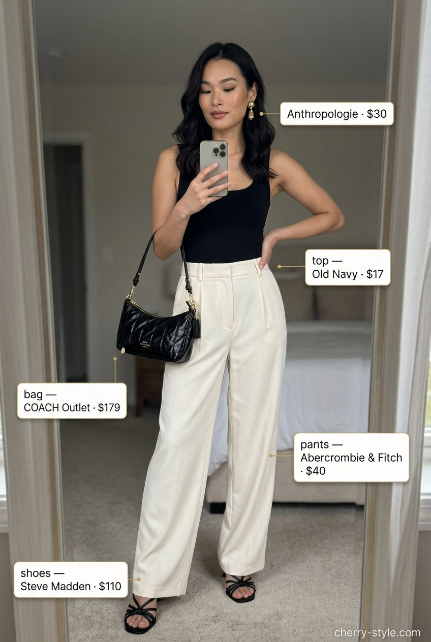 Elevated Wide-Leg Pants 2026: Sophisticated Evening Effortless summer outfits for women over 30 2026: Cream wide-leg pants, black bodysuit, heeled sandals.