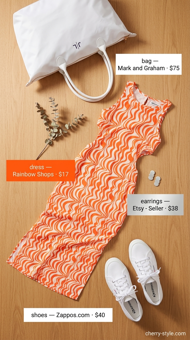 Abstract print flowy maxi dress with sneakers and tote for elegant summer dresses 2026.