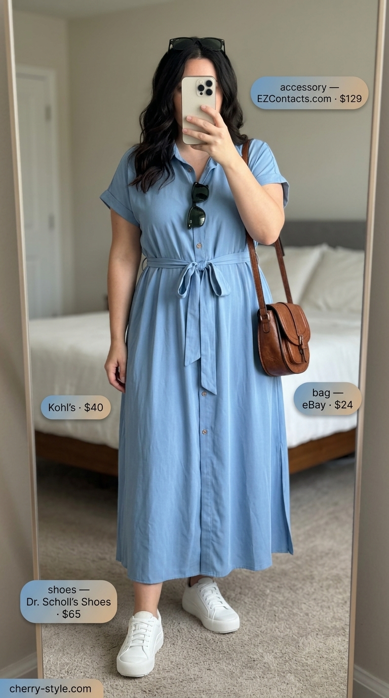 Elegant summer flowy maxi dress 2026: Sky blue cotton poplin shirt dress for daytime casual and sightseeing.