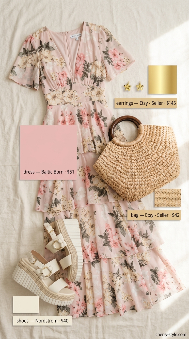 Pale pink floral flowy maxi dress, wicker bag, espadrilles, and gold studs for elegant summer dresses 2026.