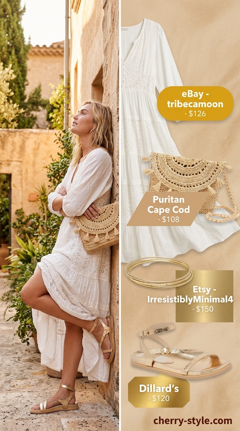 Ivory flowy maxi dress with eyelet detail, gold jewelry, raffia clutch, and flat sandals for elegant summer dresses 2026.