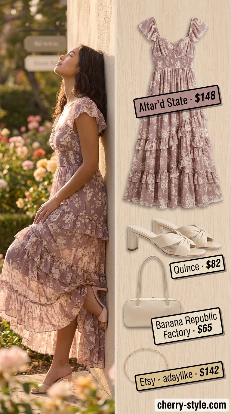 Soft pink floral flowy maxi dress for upscale brunch. Style with block heel mules, pearl studs, and structured bag.