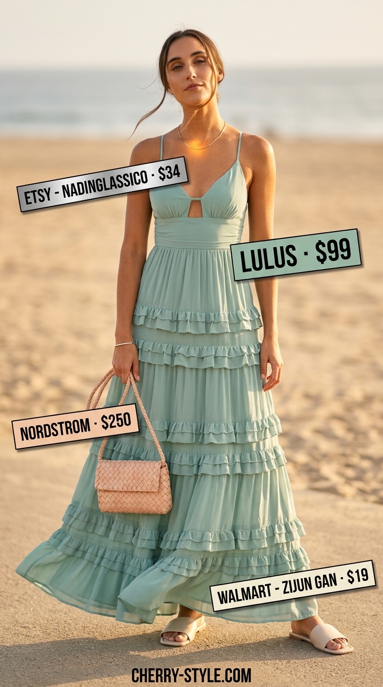 Elegant summer flowy maxi dress 2026: Seafoam green cotton gauze dress for beach vacations and seaside dinners.