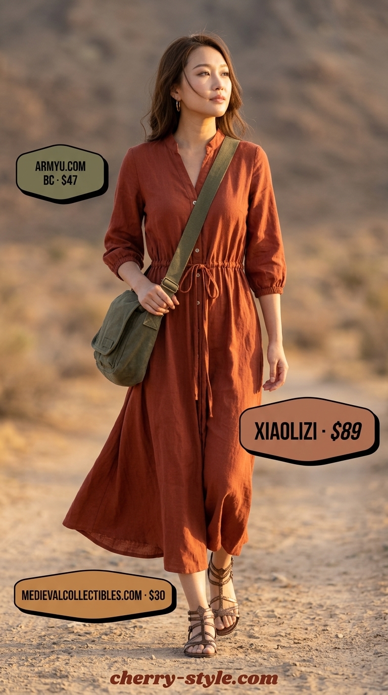 Terracotta rust flowy shirt dress for desert glamping. Style with gladiator sandals, crossbody bag, and hat.