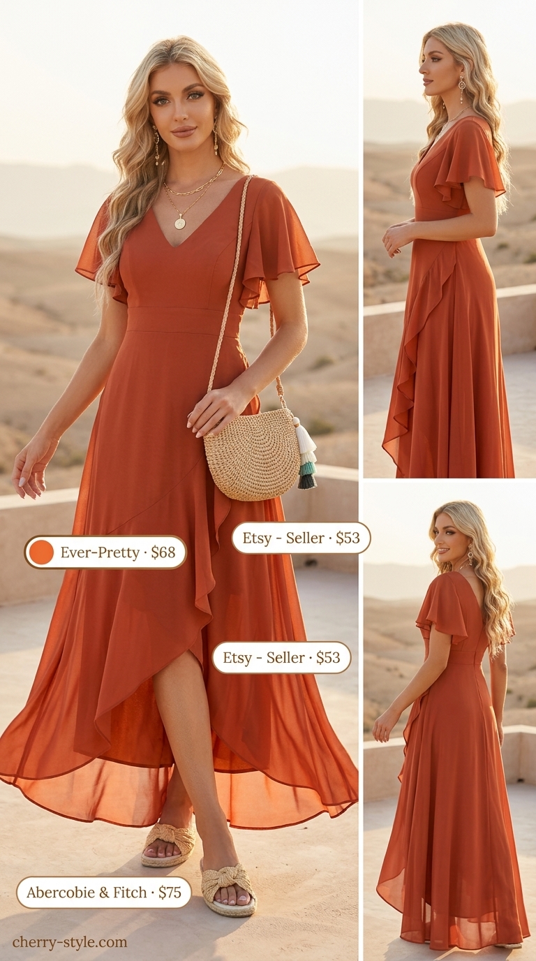 Burnt orange flowy maxi dress for vacation exploration. Style with espadrilles, straw hat, and layered necklaces.