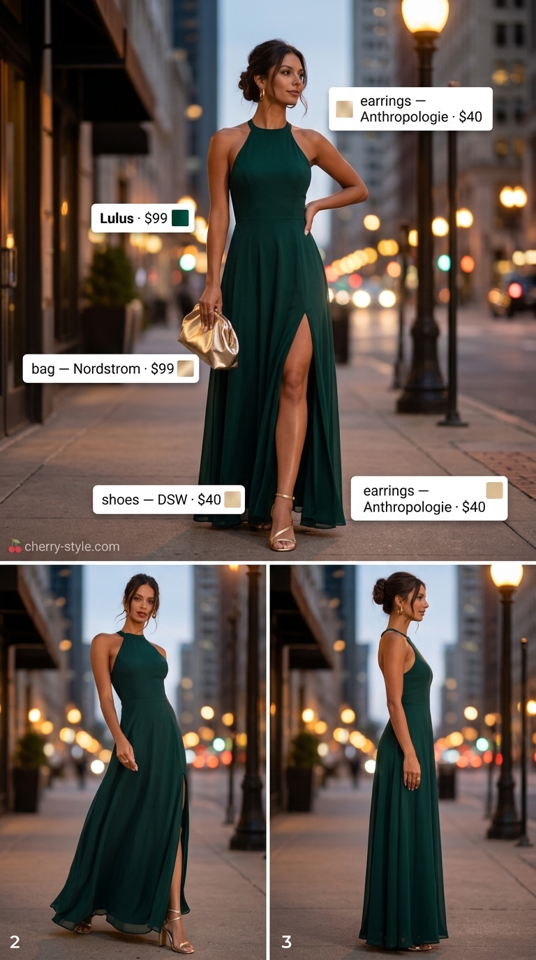 Emerald green flowy halter maxi dress, gold hoops, gold clutch, and gold sandals for elegant summer dresses 2026.